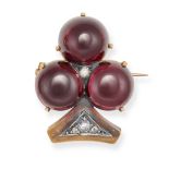 AN ANTIQUE FRENCH GARNET AND DIAMOND CLOVER BROOCH in 18ct yellow gold, designed as a three-leaf ...