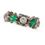 AN EMERALD AND DIAMOND DRESS RING in 18ct yellow gold, set with a round brilliant cut diamond fla...