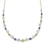 A PEARL, PERIDOT AND AMETHYST NECKLACE in yellow gold and silver, comprising a row of alternating...