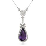 AN AMETHYST AND DIAMOND PENDANT NECKLACE in gold and platinum, the pendant set with a pear cut am...