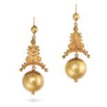 A PAIR OF ANTIQUE VICTORIAN DROP EARRINGS in yellow gold, each designed as a geometric gold drop ...