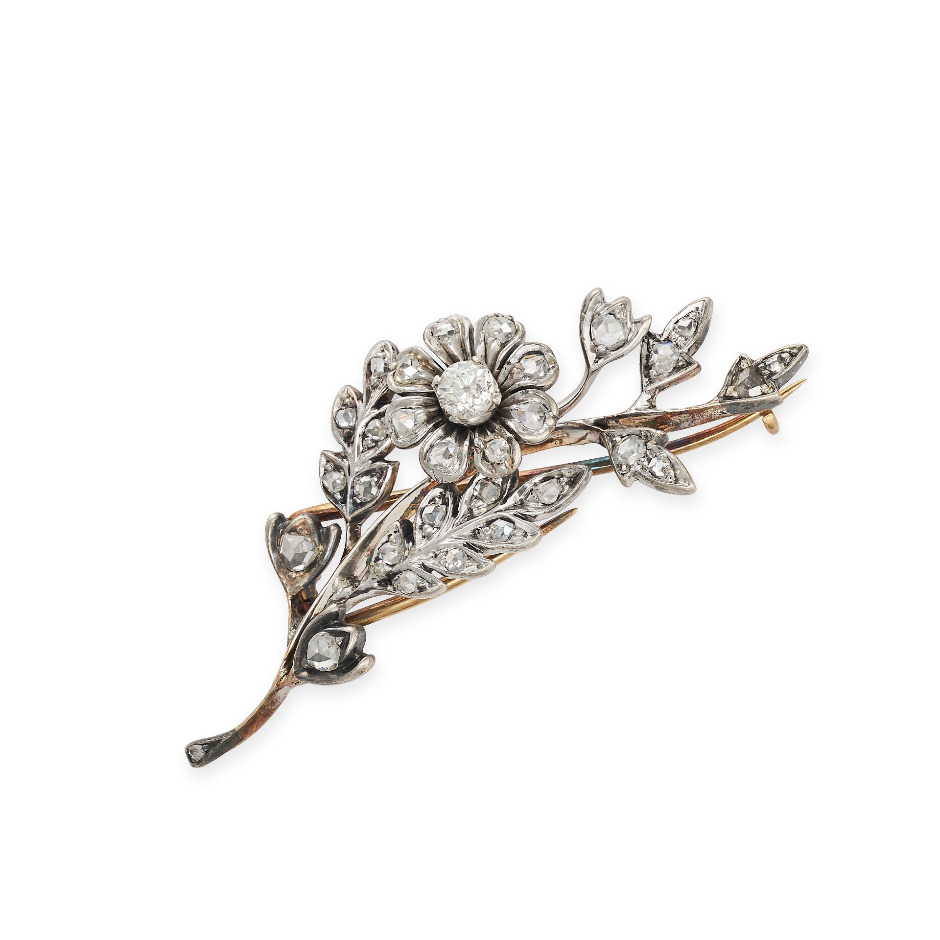 AN ANTIQUE DIAMOND FLORAL SPRAY BROOCH in yellow gold and silver, designed as a floral spray, set...