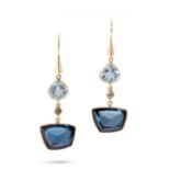 A PAIR OF BLUE TOPAZ AND DIAMOND DROP EARRINGS in 18ct yellow gold, each set with a pear cut blue...
