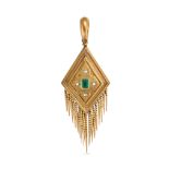 AN ANTIQUE EMERALD AND DIAMOND PENDANT in yellow gold, the lozenge shaped pendant set with an oct...