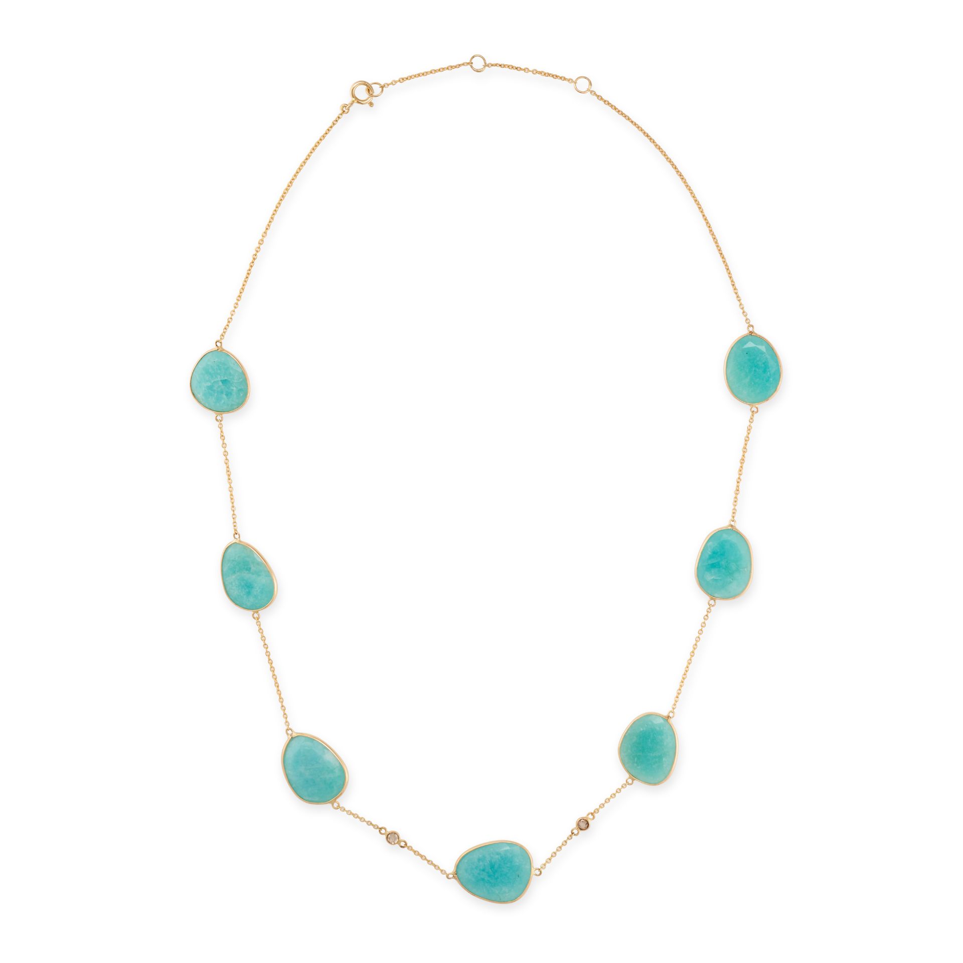 AN AMAZONITE AND DIAMOND CHAIN NECKLACE in 14ct yellow gold, the trace chain set with seven facet...