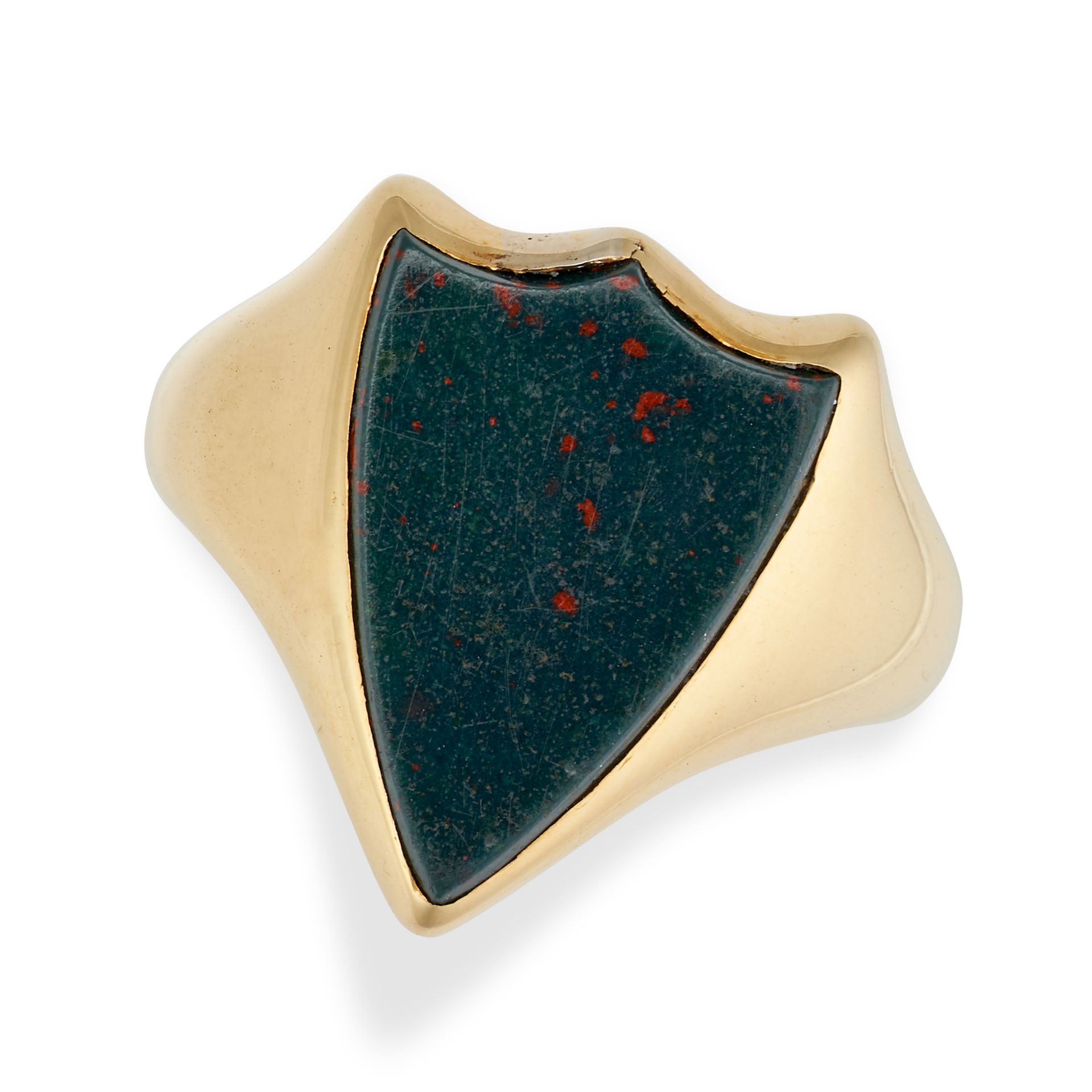 AN ANTIQUE BLOODSTONE SIGNET RING in 18ct yellow gold, set with a shield-shaped bloodstone, full ...