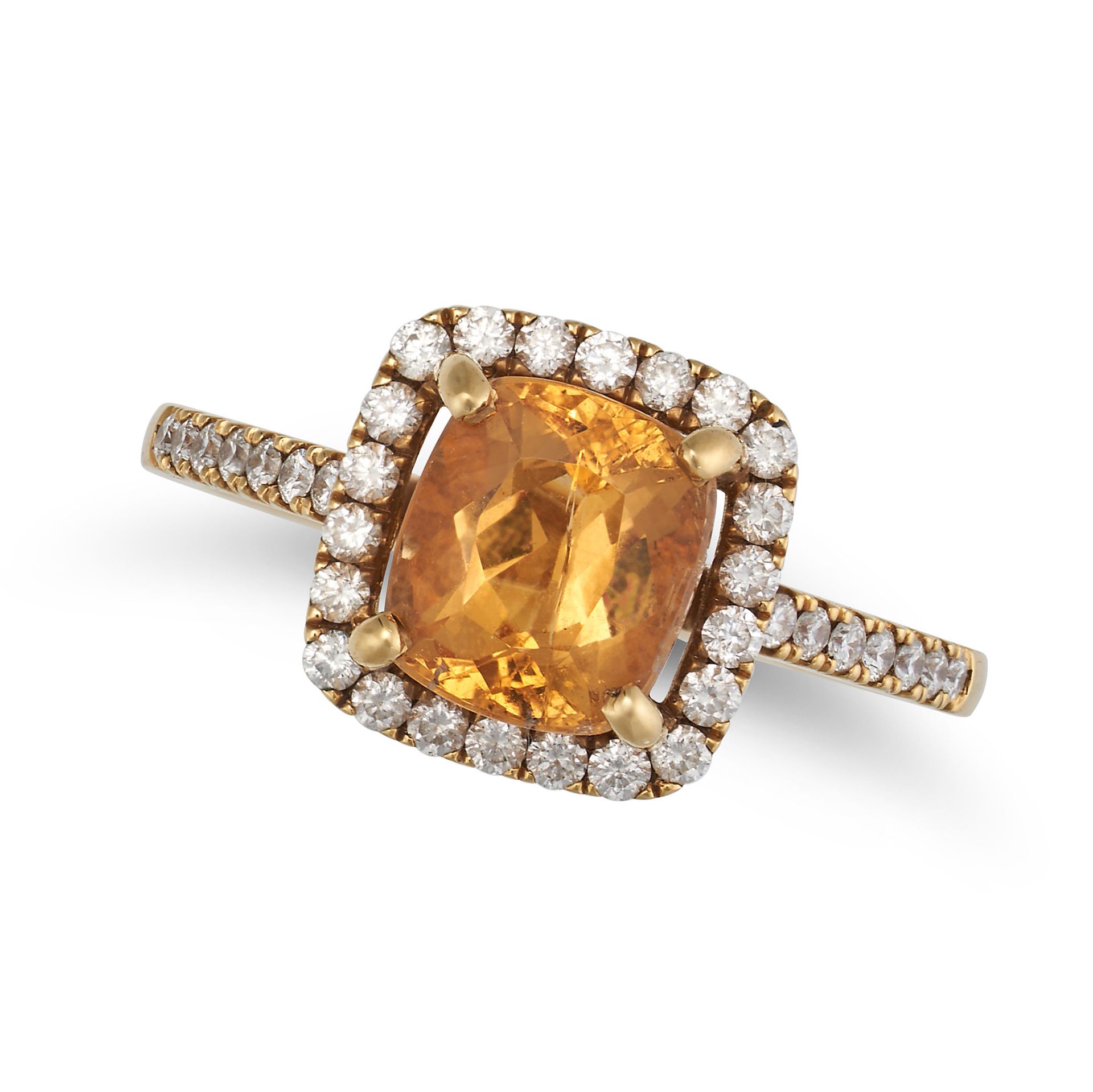 NO RESERVE - A YELLOW TOPAZ AND DIAMOND HALO RING in 18ct yellow gold, set with a cushion cut top...