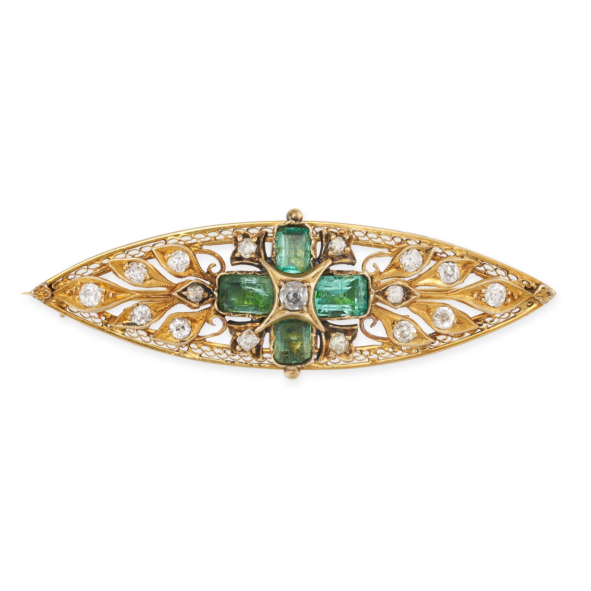 AN EMERALD AND DIAMOND NAVETTE BROOCH in yellow gold, the navette face set with an old cut diamon...