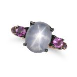 A CEYLON NO HEAT STAR SAPPHIRE AND PINK SAPPHIRE RING in rose gold, set with an oval star sapphir...