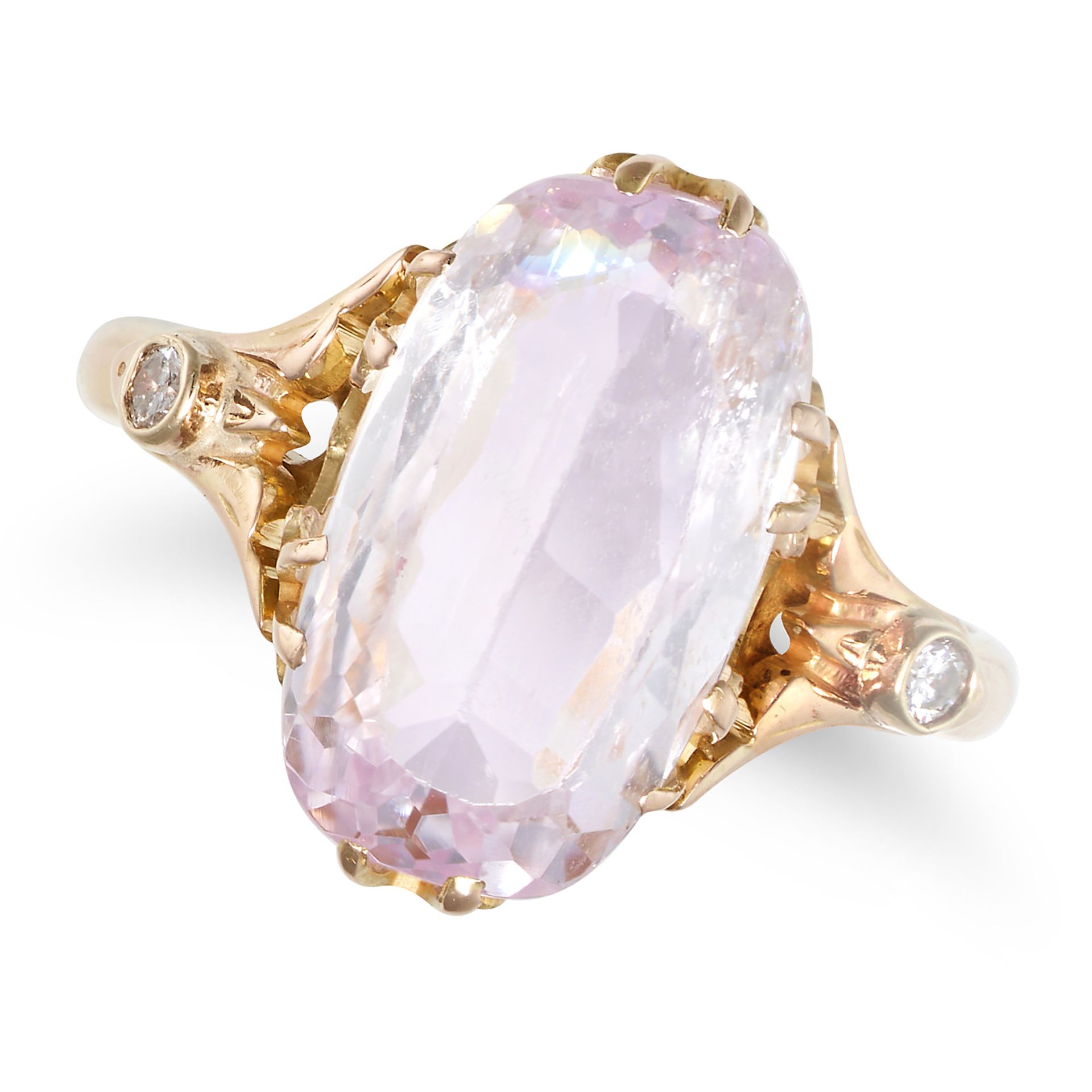 A PINK TOPAZ AND DIAMOND RING in 9ct yellow gold, set with an oval cut pink topaz of approximatel...