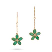 A PAIR OF DIAMOND AND EMERALD FLORAL DROP EARRINGS in 18ct yellow gold, set with a round cut diam...
