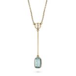 AN AQUAMARINE AND PEARL NECKLACE in 15ct yellow gold, the chain terminating in a pearl suspending...