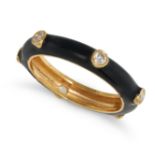 A DIAMOND AND ENAMEL RING in 18ct yellow gold, comprising a band of black enamel set with round b...