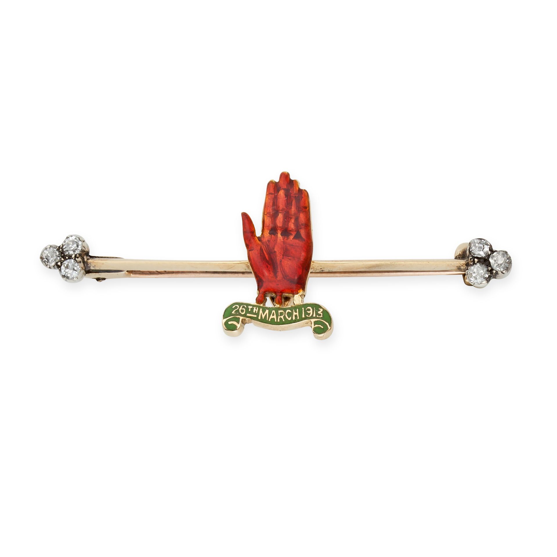 AN ANTIQUE ENAMEL AND DIAMOND HAND BAR BROOCH in 15ct yellow gold, comprising a hand motif reliev...