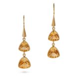 A PAIR OF CITRINE DROP EARRINGS in 18ct yellow gold, each comprising a row of fancy cut citrines,...