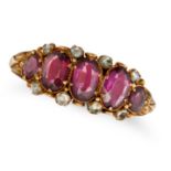 AN ANTIQUE VICTORIAN GARNET AND DIAMOND RING in yellow gold, set with a row of graduating oval cu...