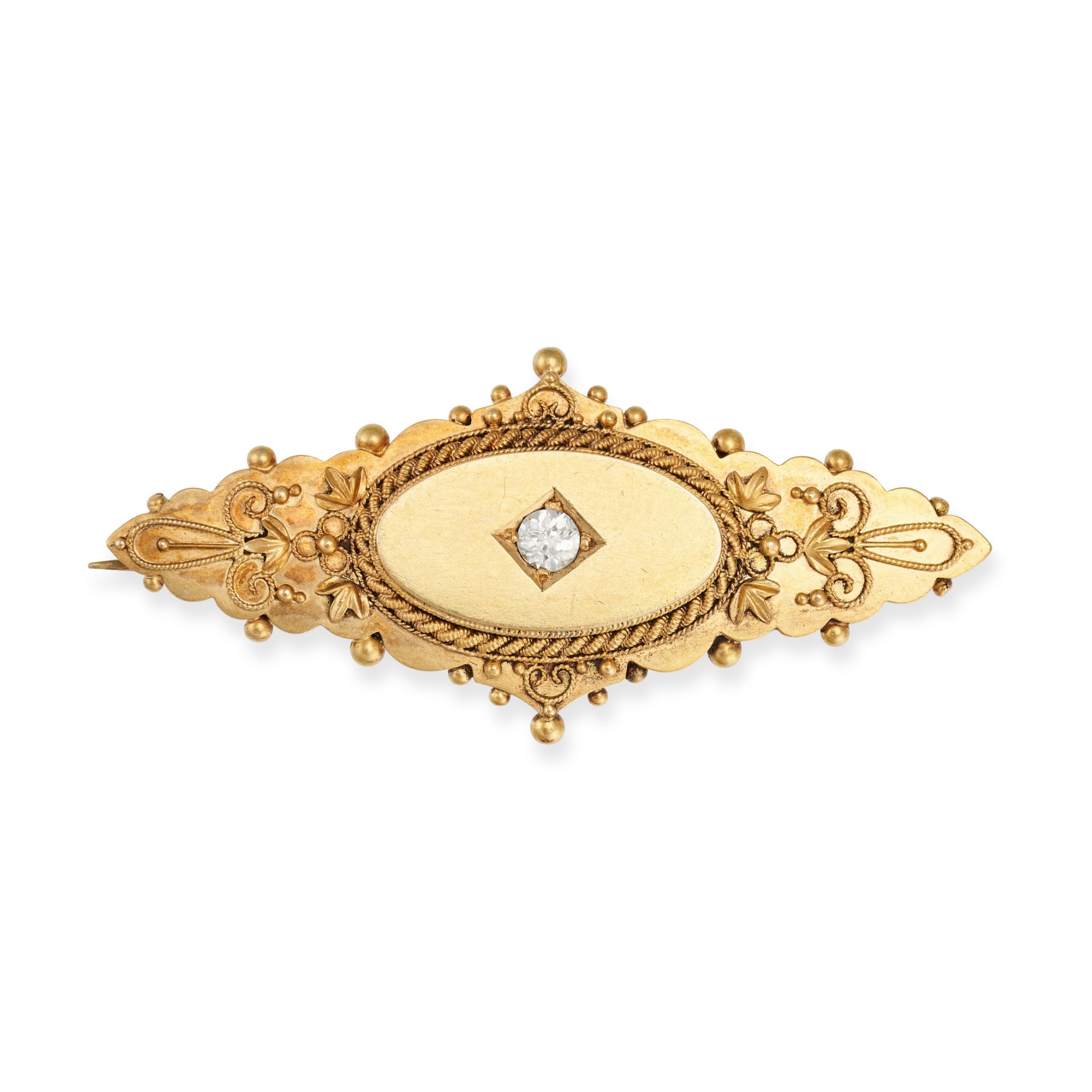 AN ANTIQUE VICTORIAN DIAMOND BROOCH in 15ct yellow gold, set to the centre with an old cut diamon...