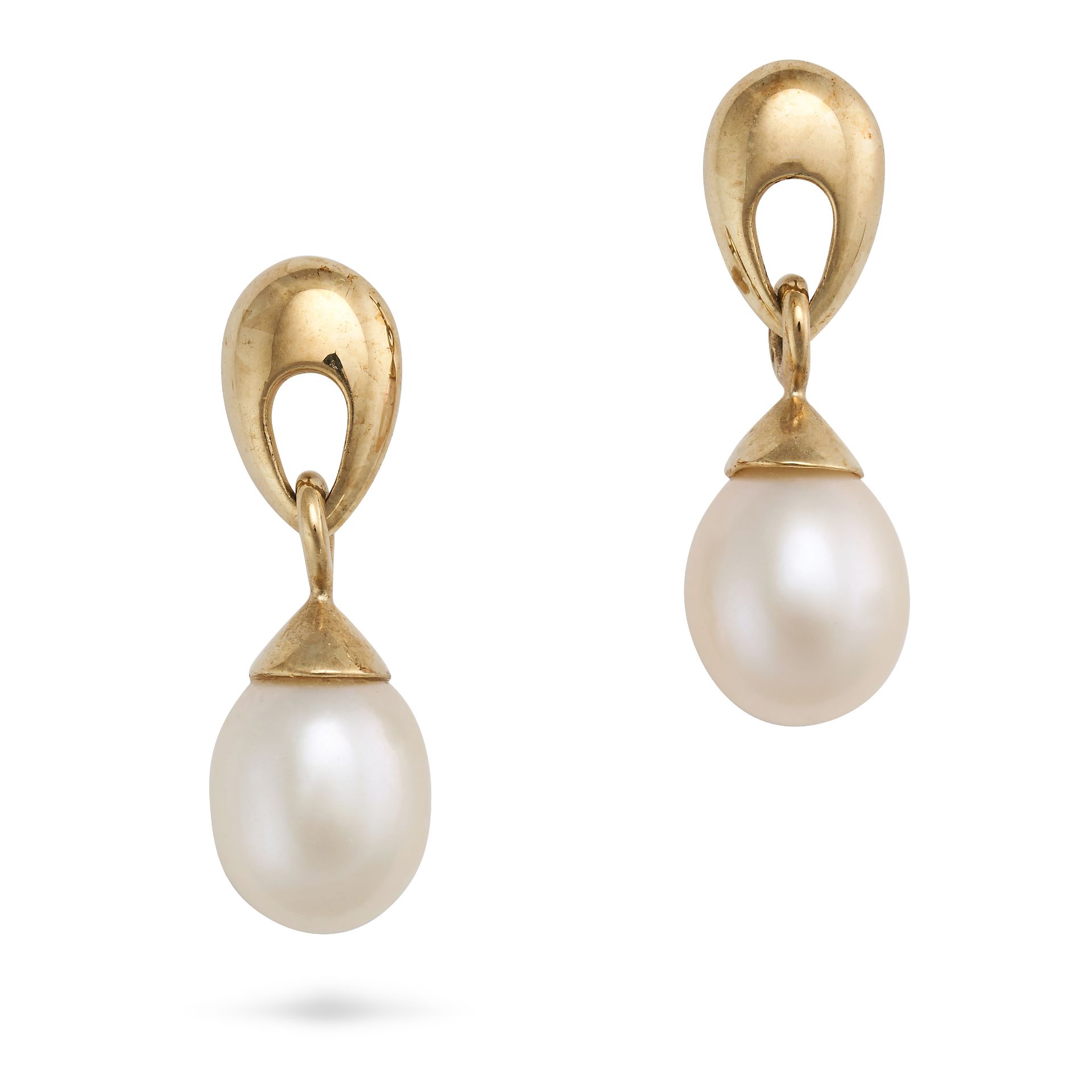 NO RESERVE - A PAIR OF PEARL DROP EARRINGS in 9ct yellow gold, each comprising a gold disc suspen...