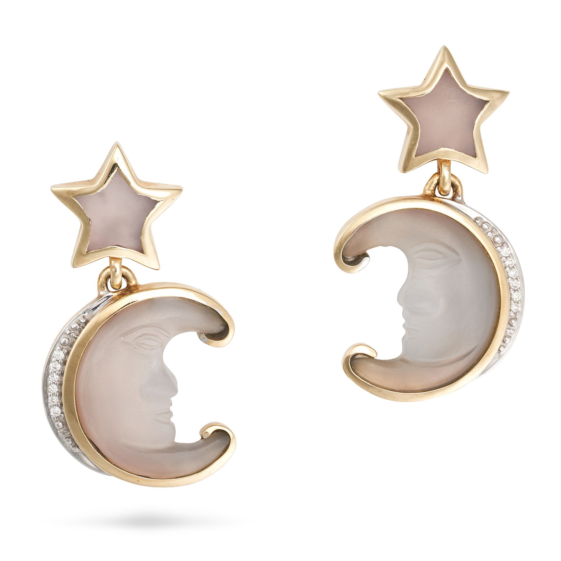 A PAIR OF FROSTED GLASS STAR AND MOON DROP EARRINGS in 10ct yellow gold, each comprising a froste...