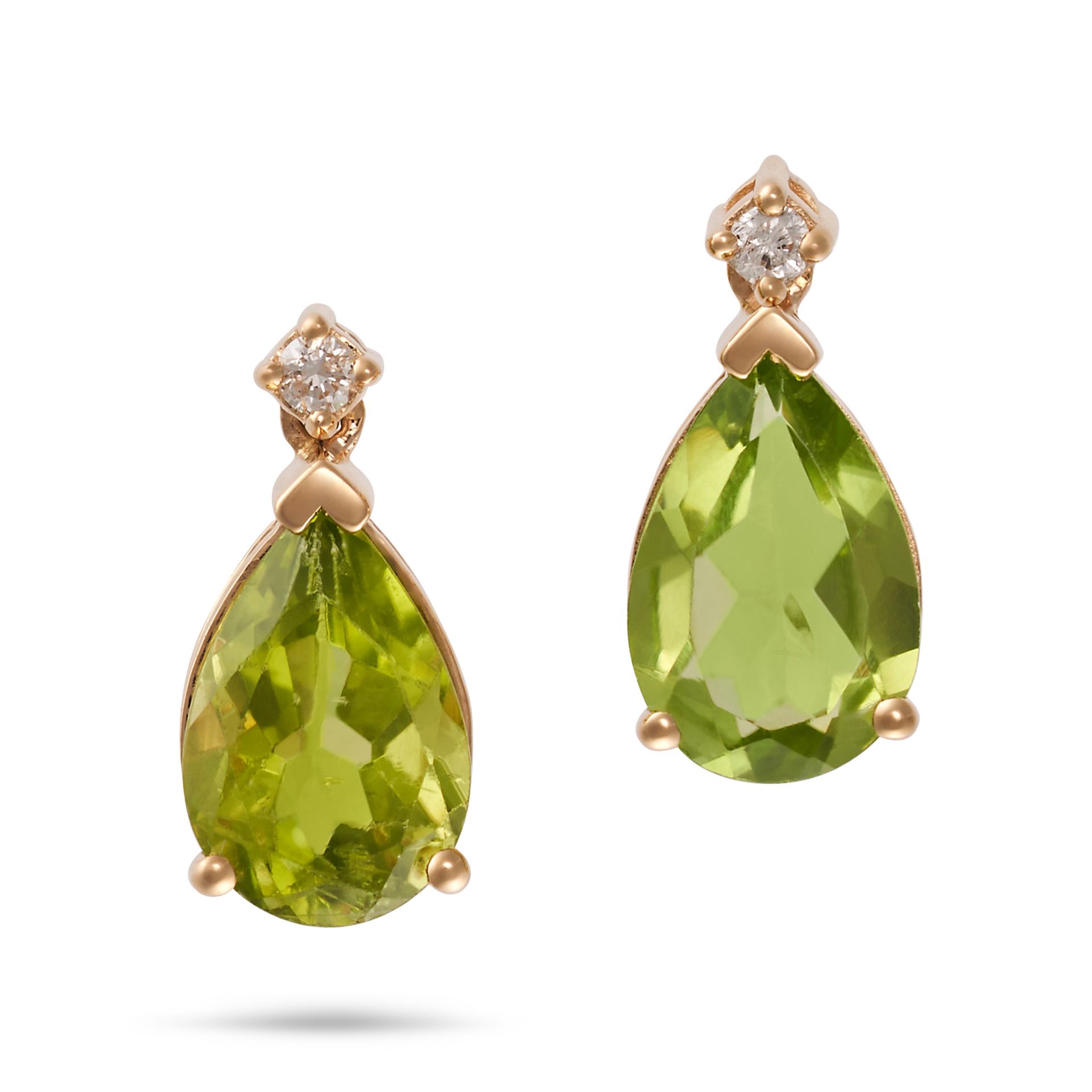 A PAIR OF PERIDOT AND DIAMOND EARRINGS in 18ct yellow gold, each set with a round brilliant cut d...