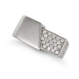A DIAMOND DRESS RING in 18ct white gold, the geometric band comprising a section pave set with ro...