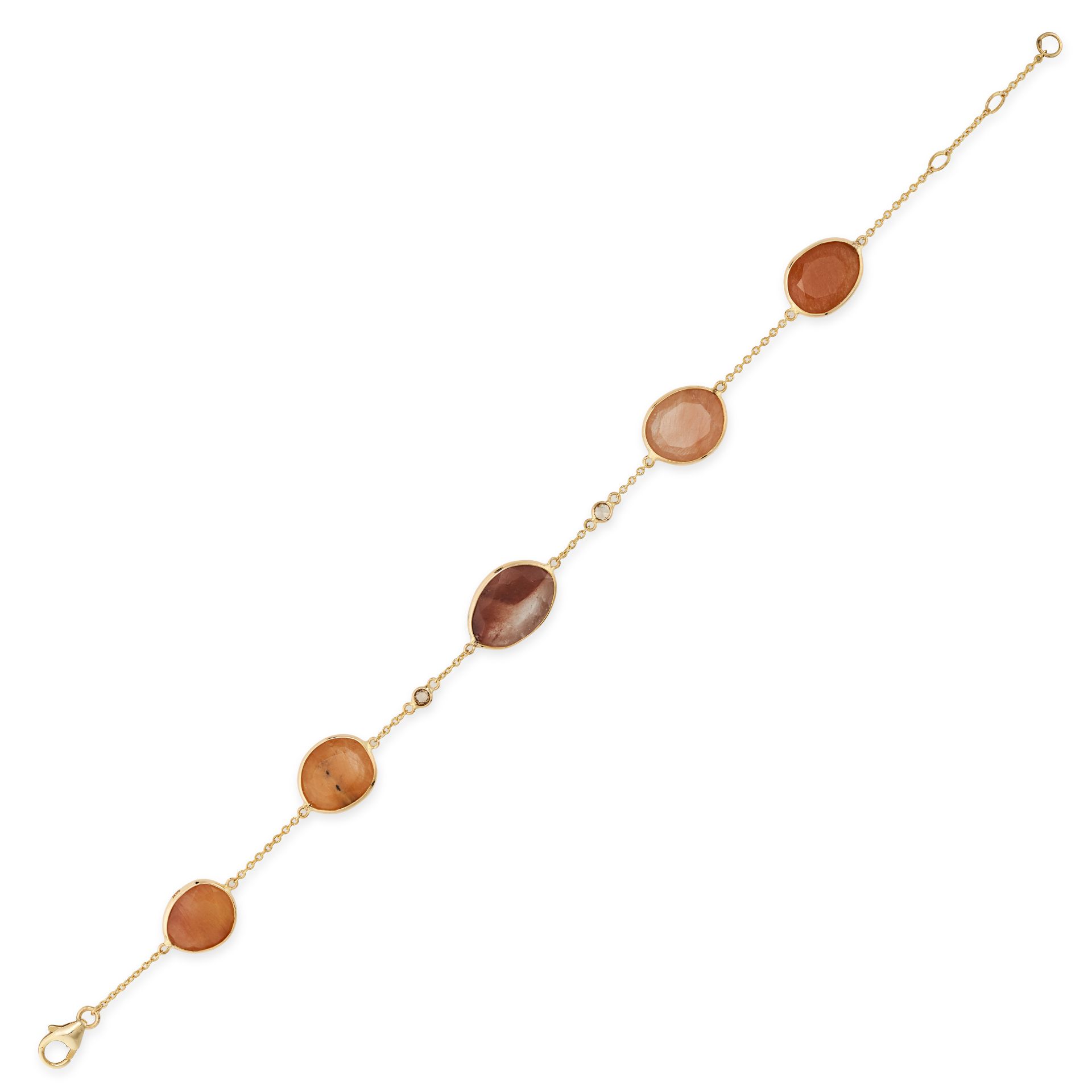 A RUTILATED QUARTZ AND DIAMOND BRACELET in 14ct yellow gold, comprising a trace chain set with ov...