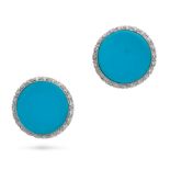 A PAIR OF TURQUOISE AND DIAMOND EARRINGS in 18ct white gold, each set with a slice of turquoise i...