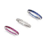 THREE GEMSET FULL ETERNITY RINGS in 18ct white gold, one set all around with a row of round brill...