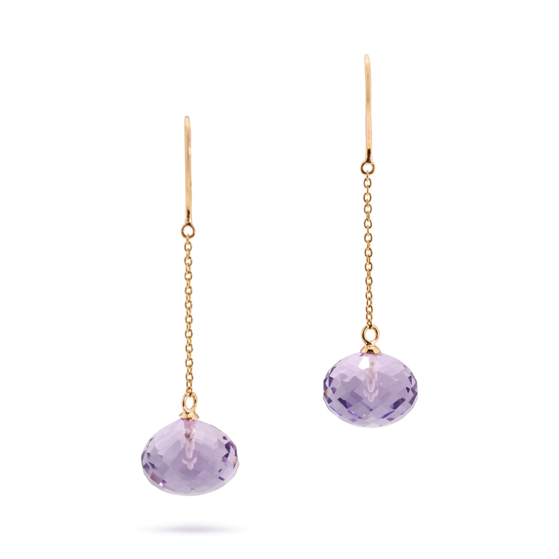 A PAIR OF AMETHYST DROP EARRINGS in 18ct yellow gold, each suspending a briolette cut amethyst dr...