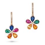 A PAIR OF MULTICOLOUR SAPPHIRE AND DIAMOND FLOWER DROP EARRINGS in 18ct yellow gold, each compris...
