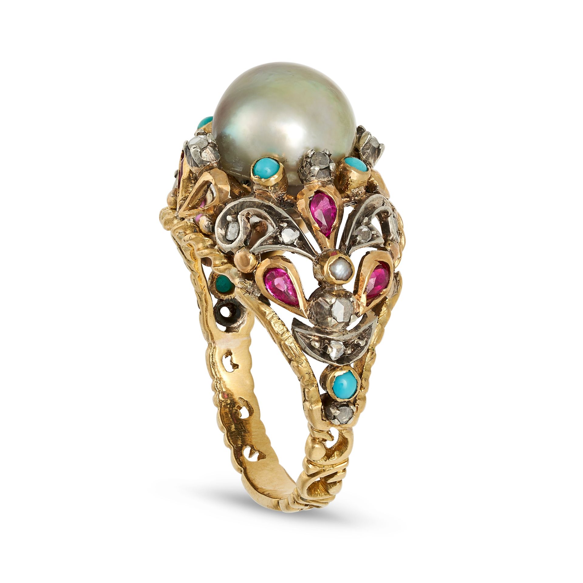 A NATURAL SALTWATER PEARL, RUBY, TURQUOISE AND DIAMOND RING in yellow gold and silver, the domed ...