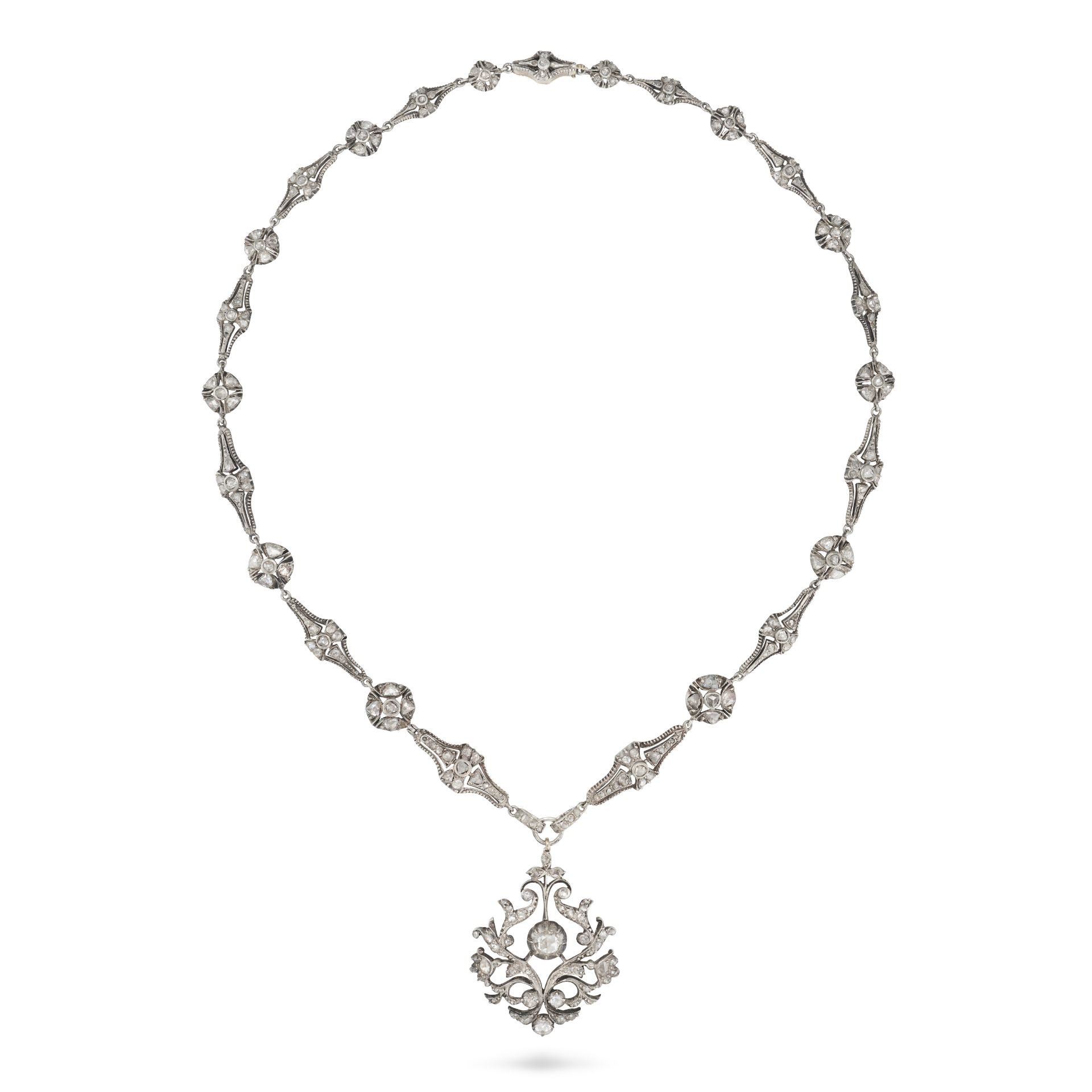 AN ANTIQUE DUTCH DIAMOND NECKLACE in 14ct gold and silver, comprising a row of foliate links set ...