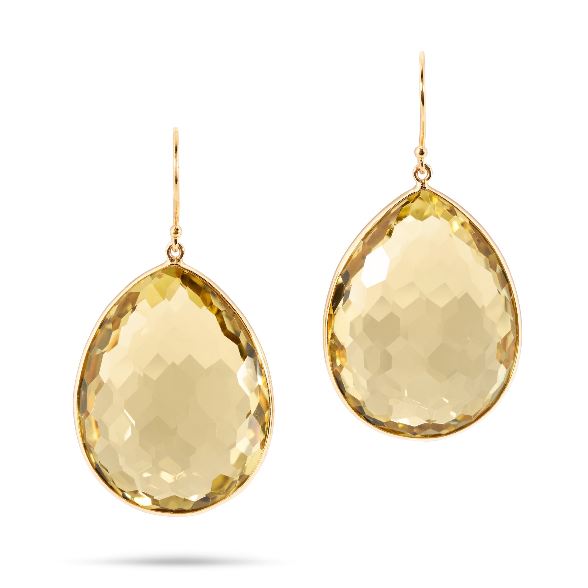 A PAIR OF LEMON QUARTZ DROP EARRINGS in 18ct yellow gold, each suspending a pear shaped faceted l...