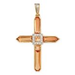 A FINE IMPERIAL TOPAZ AND DIAMOND CROSS PENDANT in 18ct yellow and white gold, set with a central...