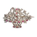 AN ANTIQUE RUBY AND DIAMOND GIARDINETTO BROOCH in yellow gold and silver, designed as a basket of...