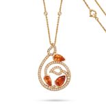 BOODLES, A SPESSARTINE GARNET AND DIAMOND PENDANT NECKLACE in 18ct yellow gold, set with three pe...