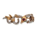 AN ANTIQUE FRENCH RUBY, EMERALD, DIAMOND AND PEARL SNAKE BROOCH in 18ct yellow and white gold, de...
