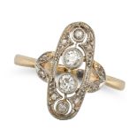 AN ANTIQUE DIAMOND RING in yellow gold, set with a row of old cut diamonds, accented by rose cut ...