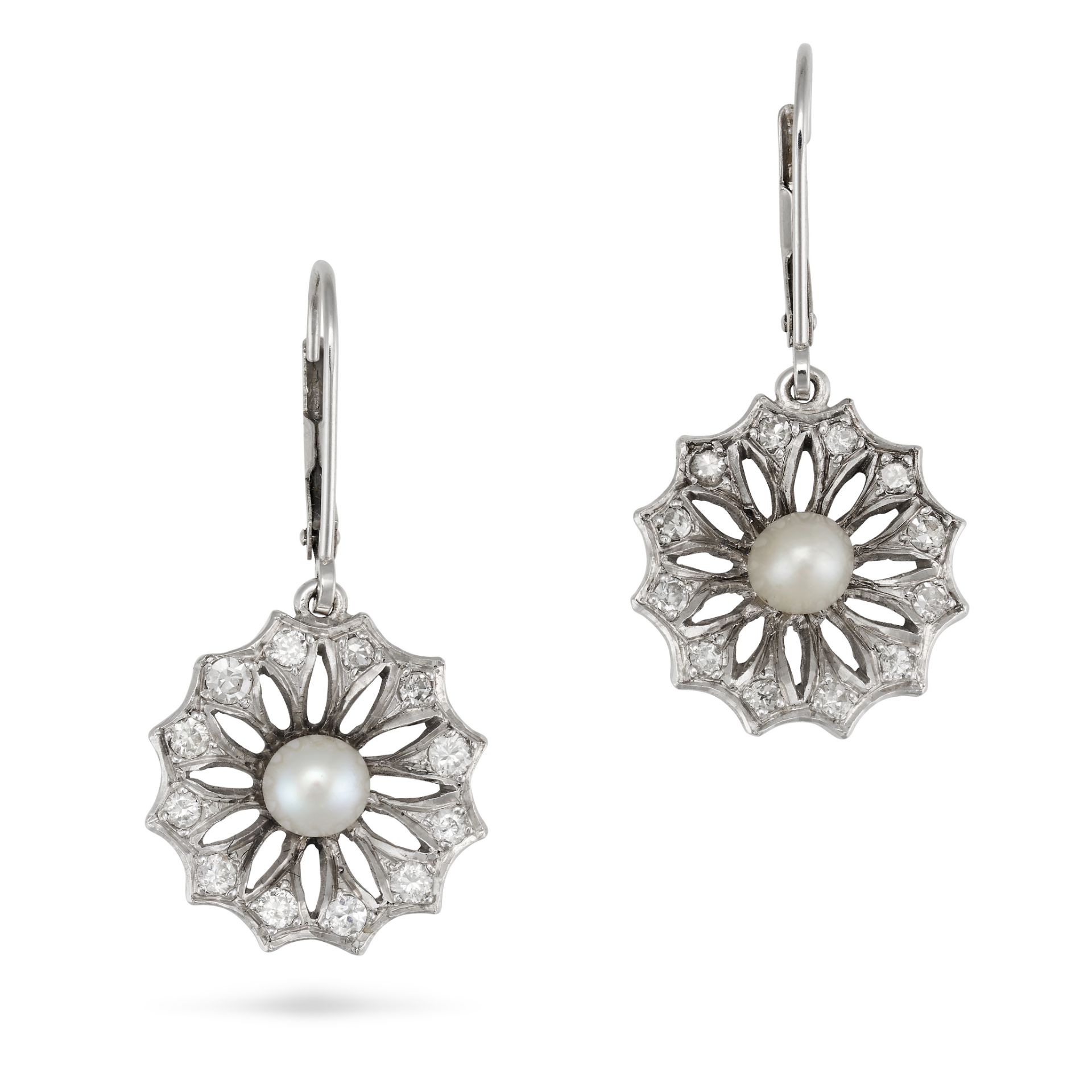 A PAIR OF DIAMOND AND PEARL EARRINGS in 9ct white gold, each earring set to the centre with a pea...