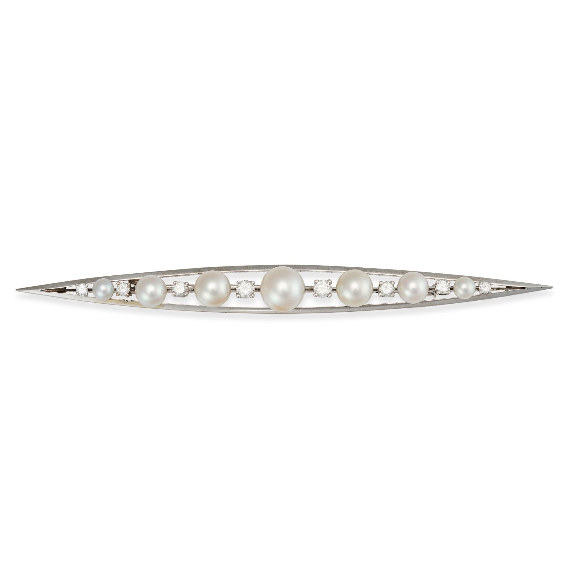 A PEARL AND DIAMOND BAR BROOCH in 18ct white gold, set with alternating pearls and round brillian...