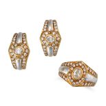 A DIAMOND RING AND EARRINGS SUITE in 18ct yellow and white gold, the ring set with an oval cut di...