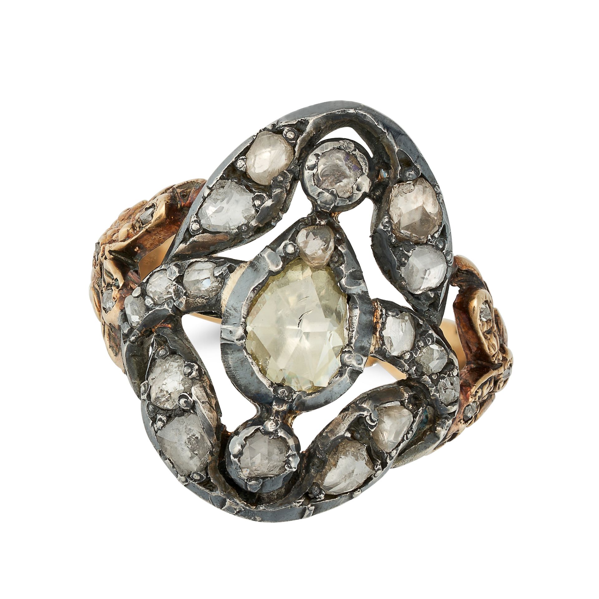 AN ANTIQUE DIAMOND DRESS RING in yellow gold and silver, set with rose cut diamonds, no assay mar...
