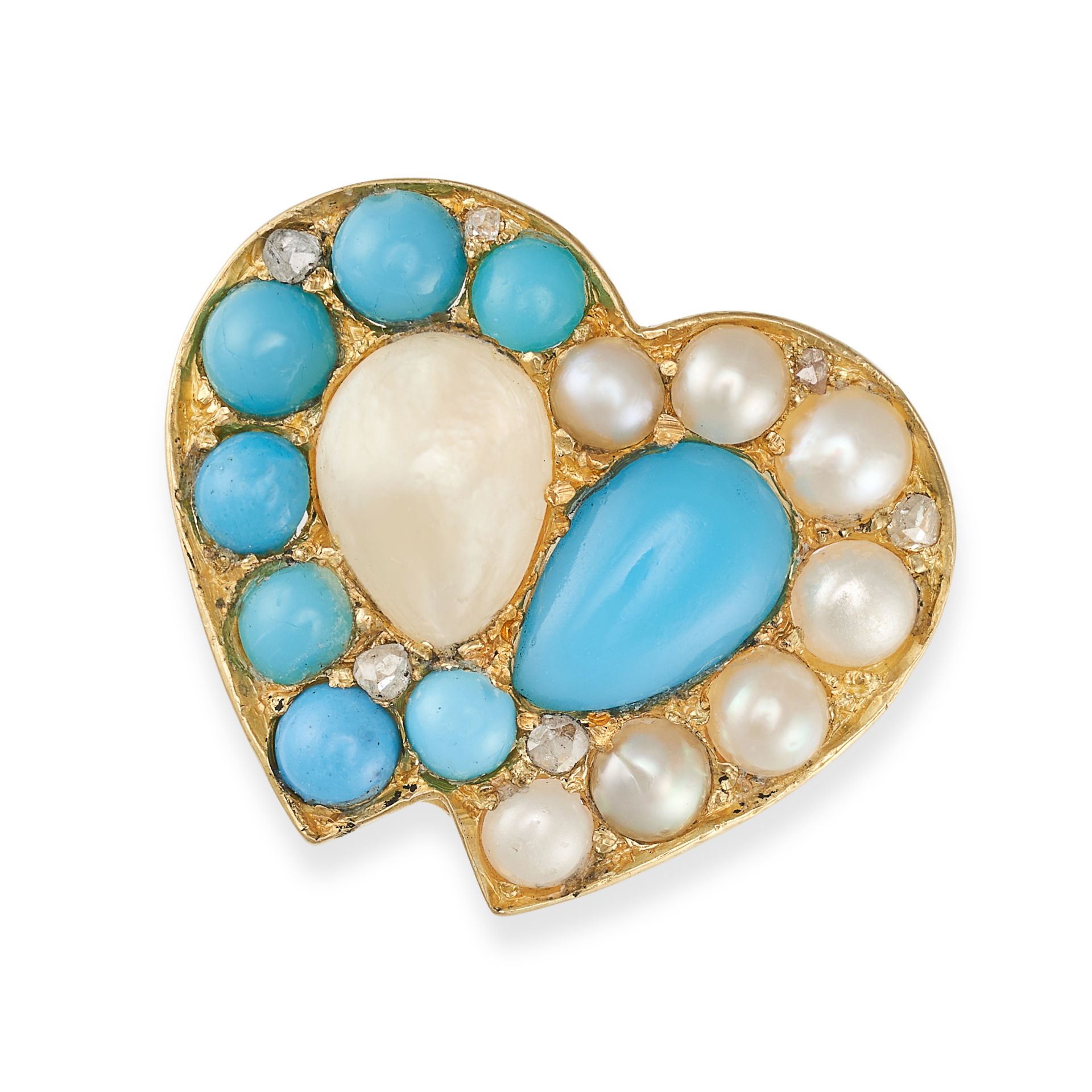 A TURQUOISE, PEARL AND DIAMOND SWEETHEART RING in yellow gold, designed as two interlocking heart...