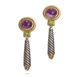 DAVID YURMAN, A PAIR OF AMETHYST AND PERIDOT DROP EARRINGS in 14ct yellow gold and silver, each s...
