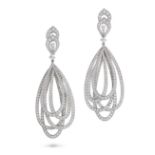 A PAIR OF DIAMOND DROP CLIP EARRINGS in 18ct white gold, the stylised tops set throughout with ro...