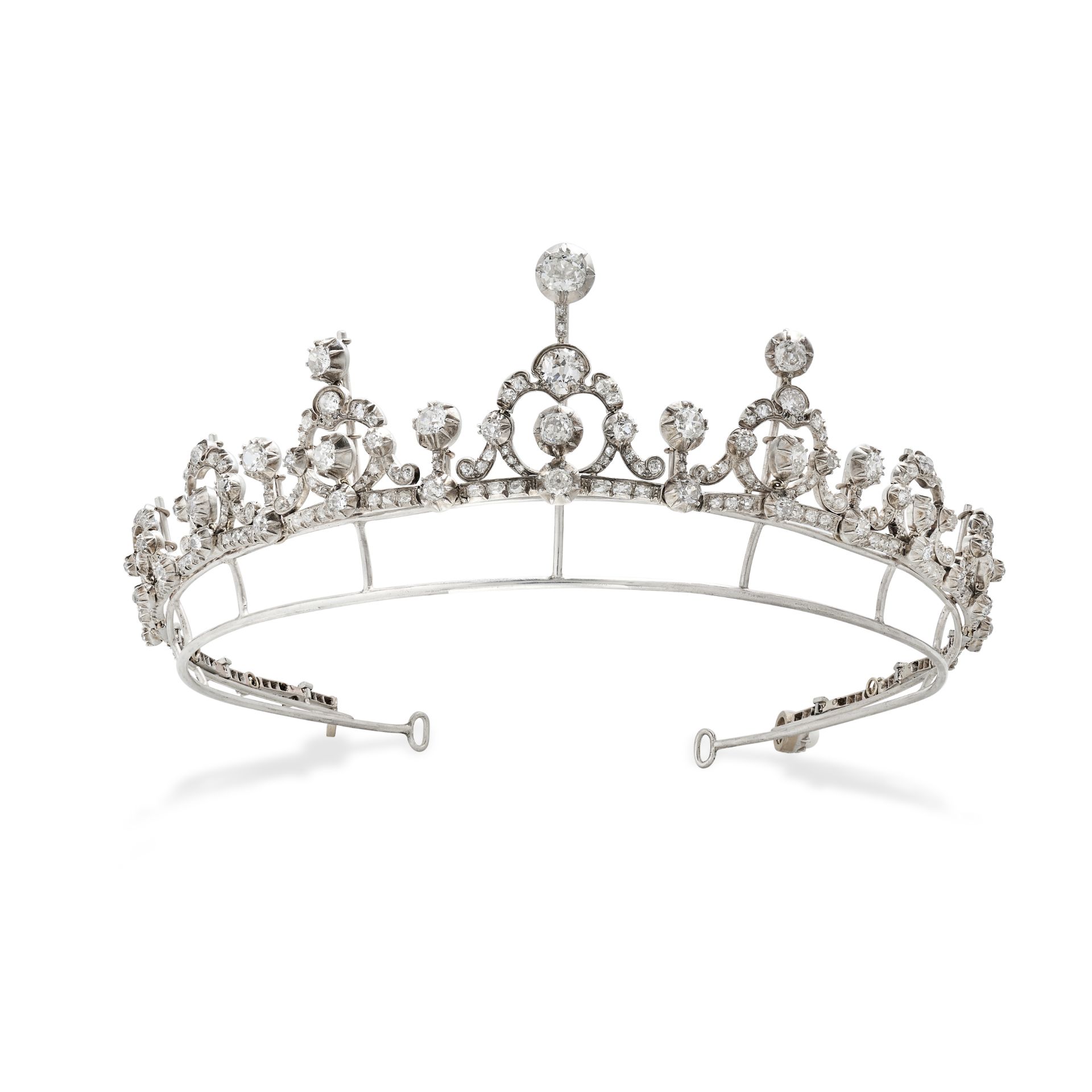 A FINE ANTIQUE FRENCH DIAMOND AND PEARL TIARA in yellow gold and silver, set throughout with old ...