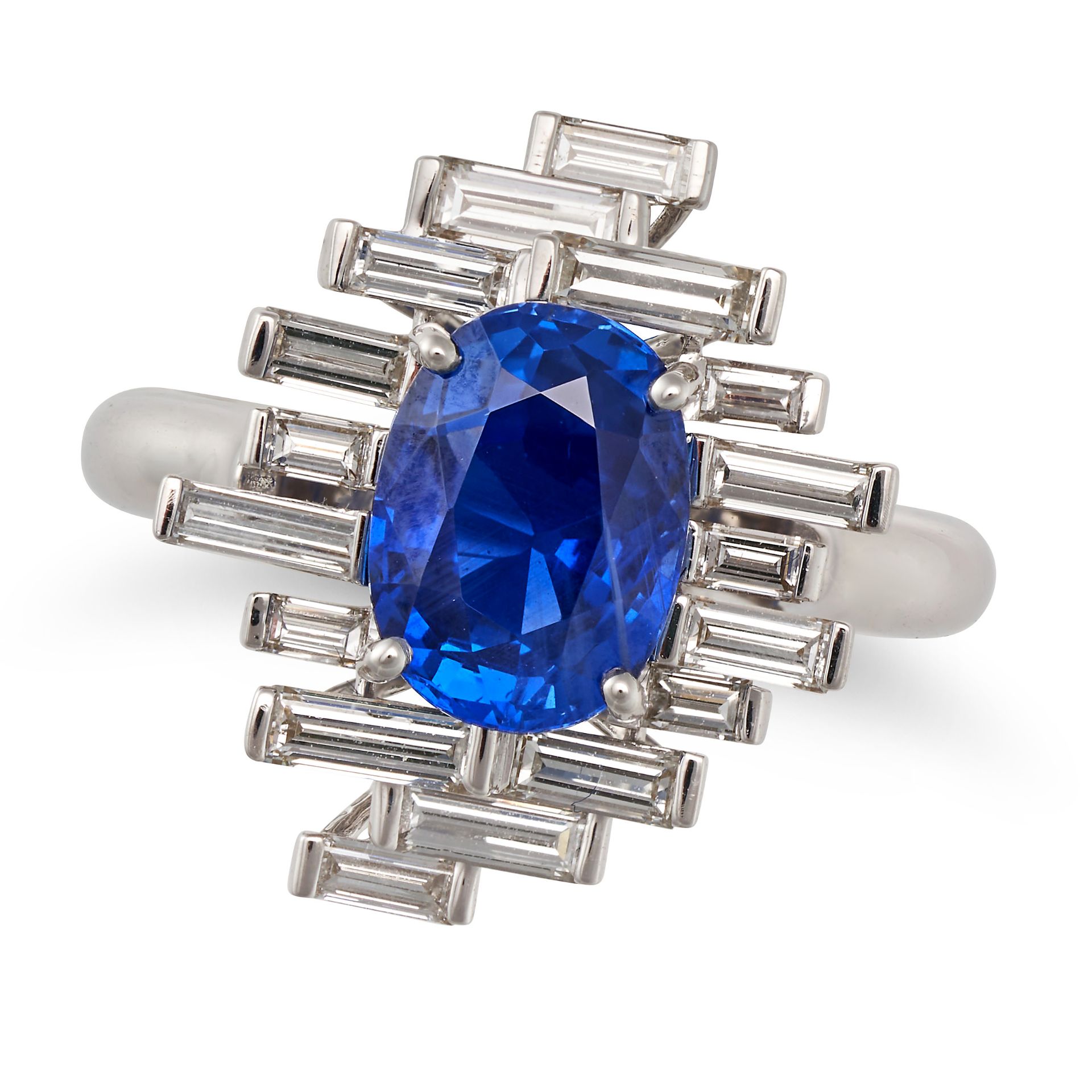 A BURMA NO HEAT SAPPHIRE AND DIAMOND RING in 18ct white gold, set with an oval cut sapphire of 3....