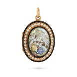 AN ANTIQUE PEARL AND ENAMEL PORTRAIT MINIATURE LOCKET PENDANT in yellow gold, the oval hinged loc...