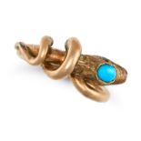 A TURQUOISE SNAKE RING in yellow gold, designed as a coiled snake, the head set with a cabochon t...
