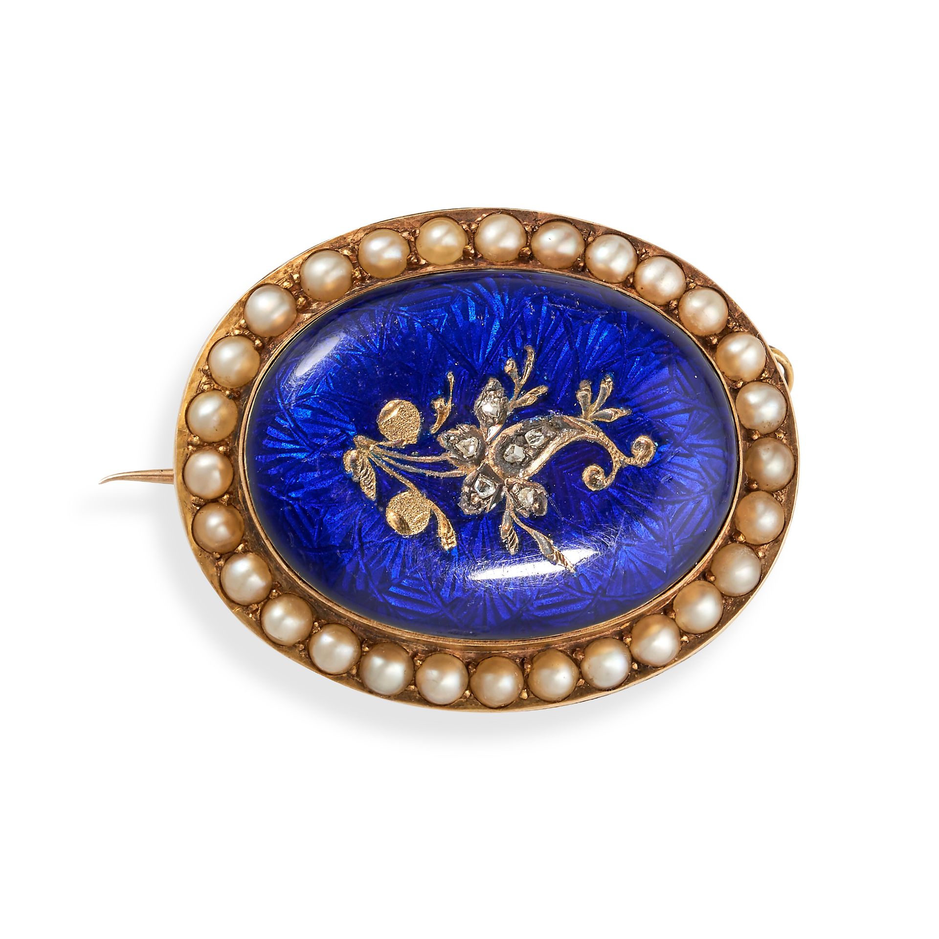 AN ENAMEL, PEARL AND DIAMOND BROOCH in yellow gold, the oval body comprising a foliate motif set ...